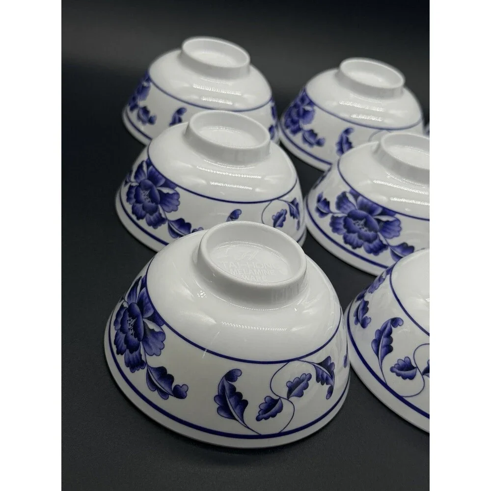 Set of 10 Tai-Hong Melamine Bowls Blue White Lotus Flower Chinese Stackable
